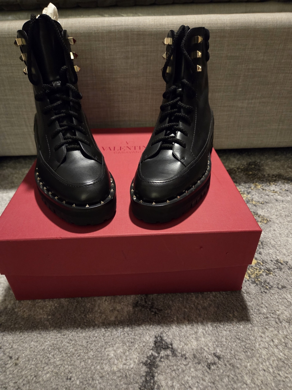 Valentino Black Leather Studded Lace-Up Combat Boots